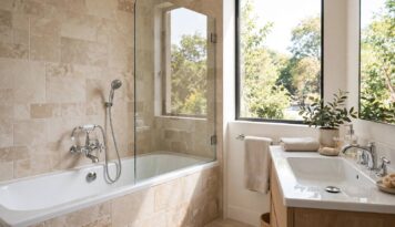 Bathtub with frameless glass bath screen panel