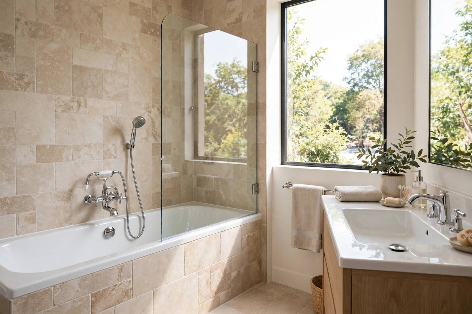 Bathtub with frameless glass bath screen panel