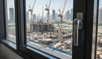 Apartment window overlooking a nearby construction site