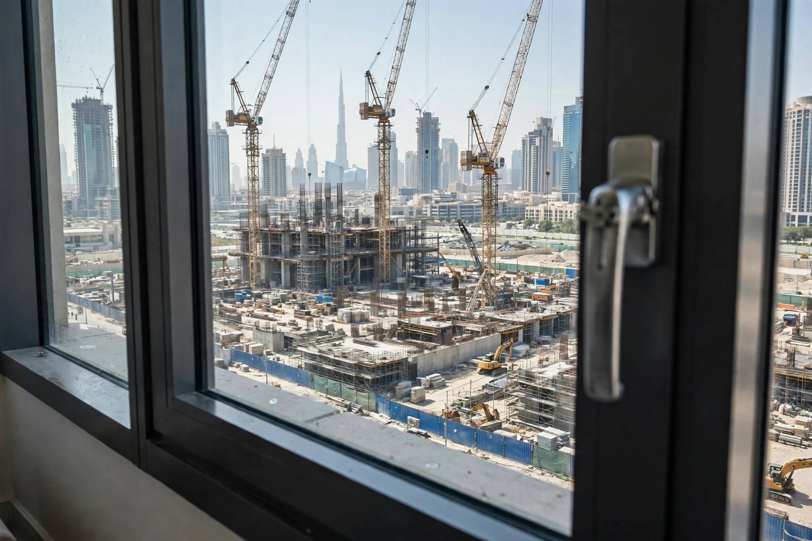Apartment window overlooking a nearby construction site