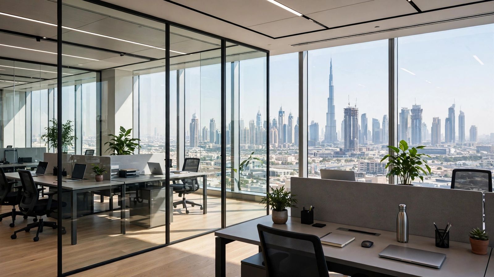 Frameless glass office partitions in a Dubai workplace