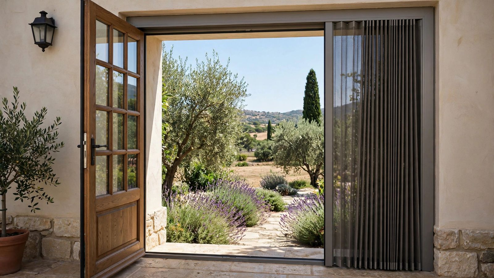 Pleated flyscreen on a Dubai villa door
