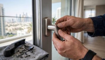 Technician fitting a new handle on a sliding glass door