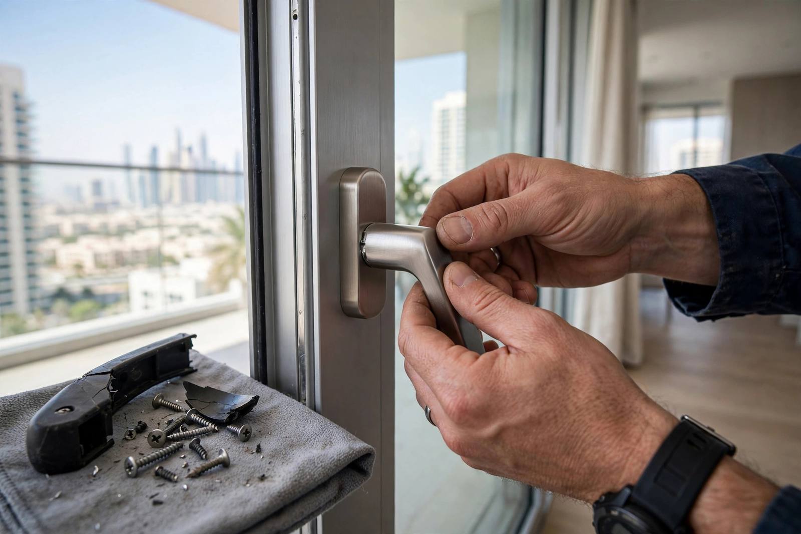 Technician fitting a new handle on a sliding glass door