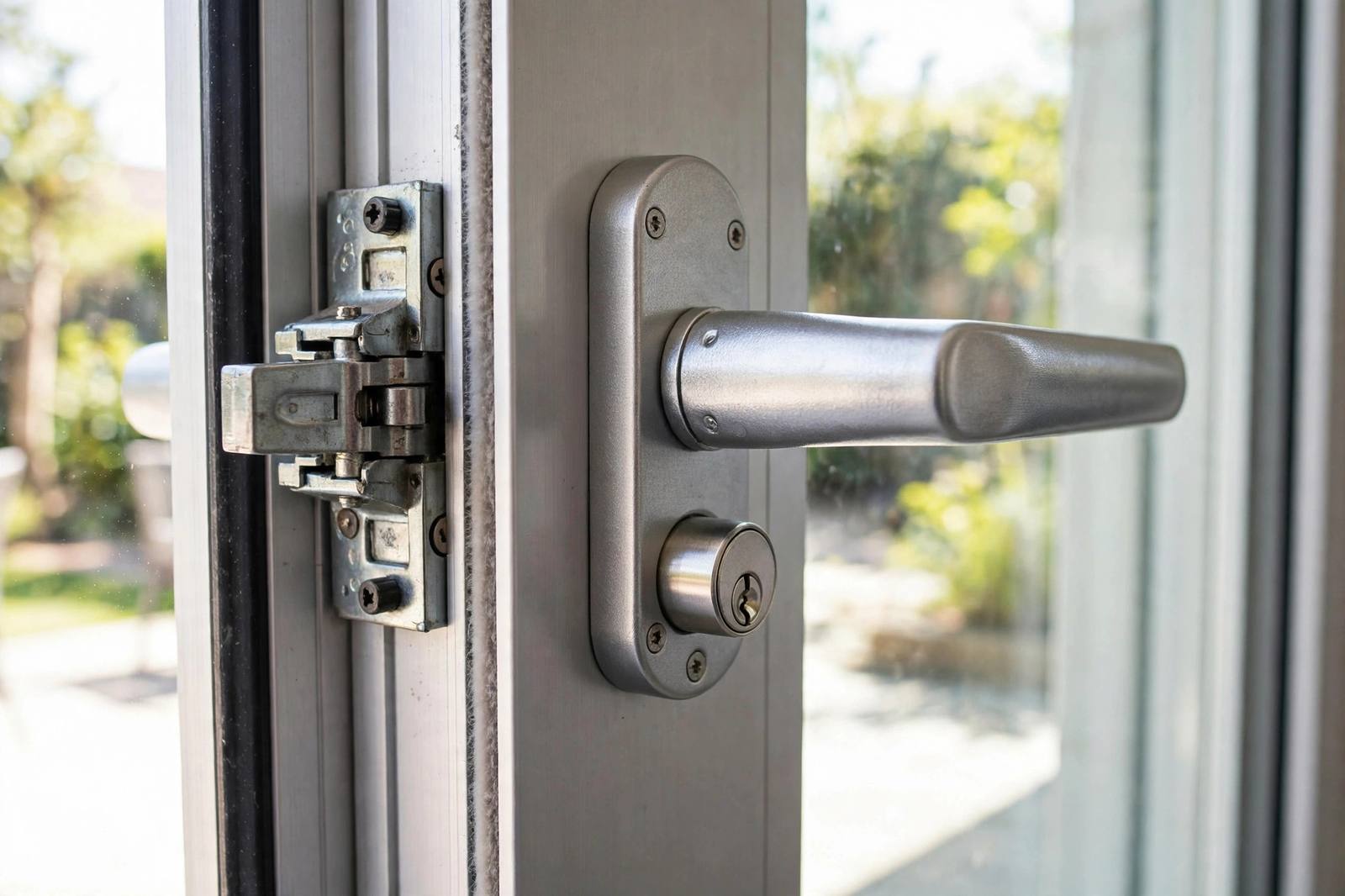 Sliding glass door lock mechanism and handle