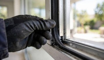 Technician fitting a weather strip seal into a sliding door frame