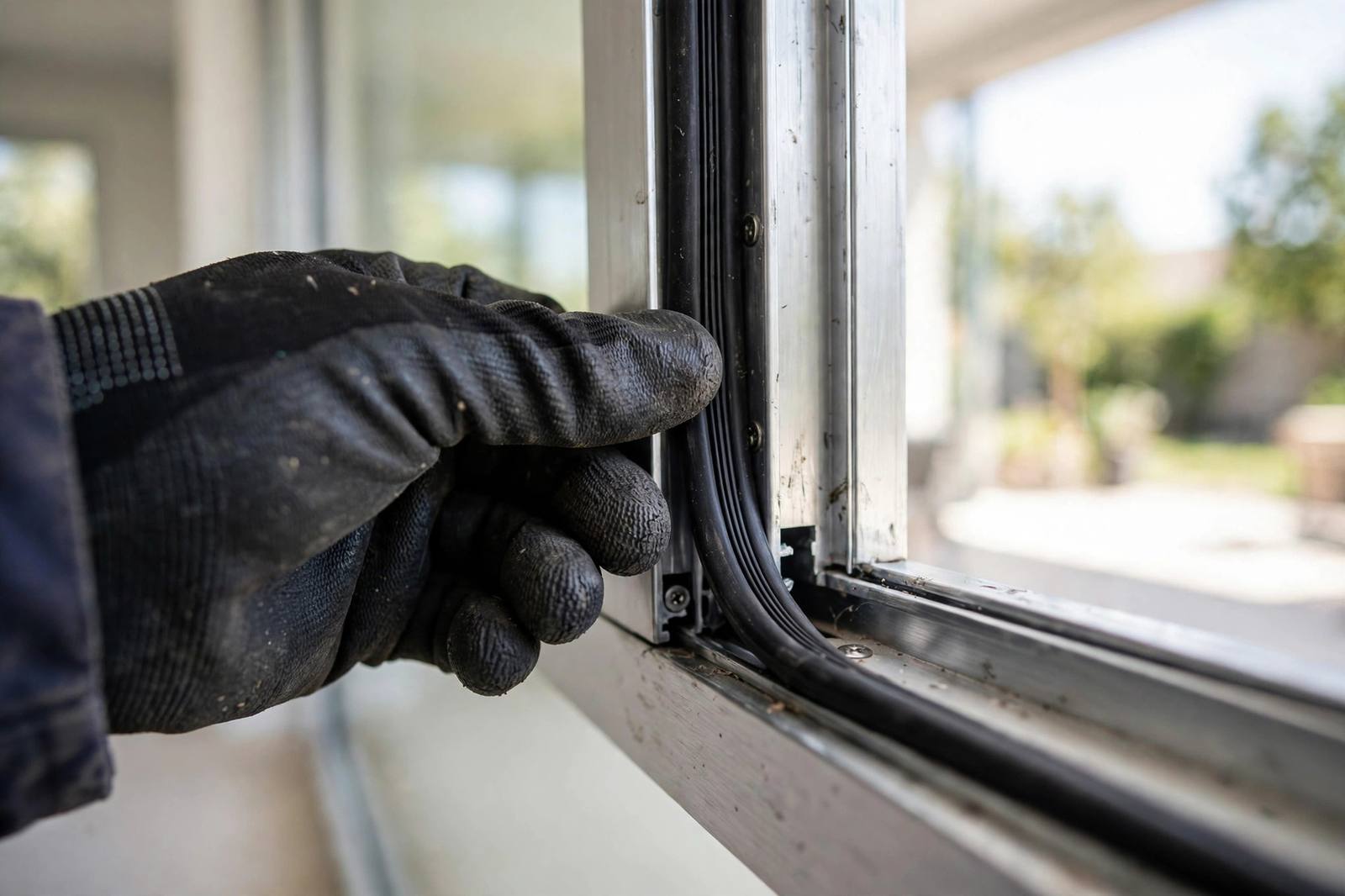 Technician fitting a weather strip seal into a sliding door frame