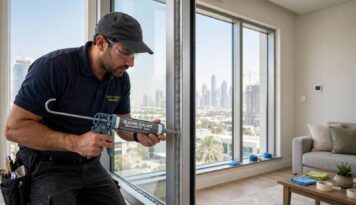 Technician sealing around an aluminium window frame