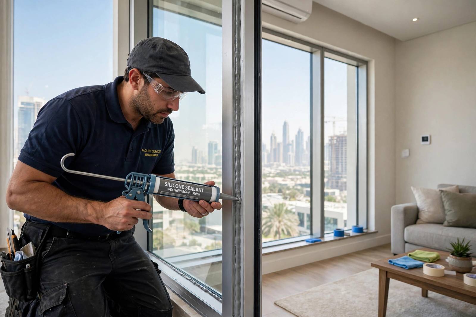 Technician sealing around an aluminium window frame