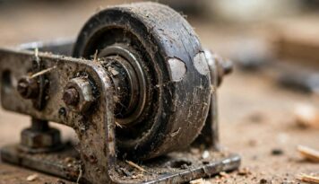 Close-up of a worn sliding door roller wheel