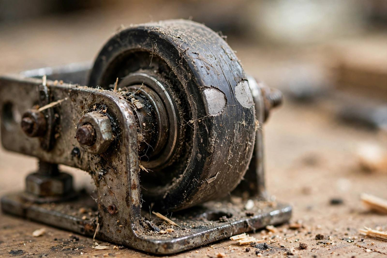 Close-up of a worn sliding door roller wheel
